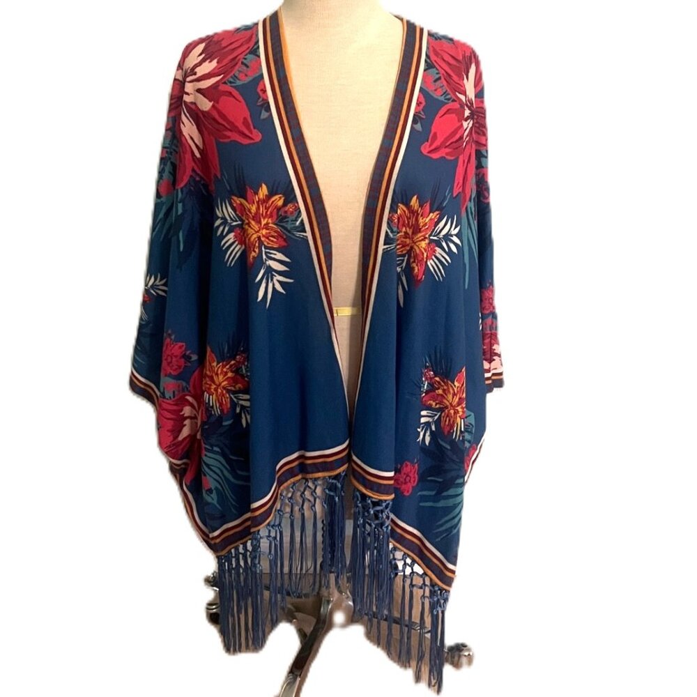 Anthropologie Flying Tomato Kimono M/L Blue Floral Fringe Wrap Cardigan Y2K Vint